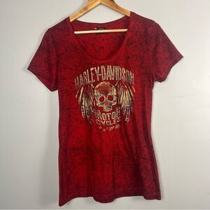 Harley Davidson red speckled skull printed tshirt curve neckline refer to measur